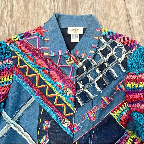 Vintage Sandy Starkman Crochet Sequin Patchwork Denim Jean Jacket - Picture 14 of 16